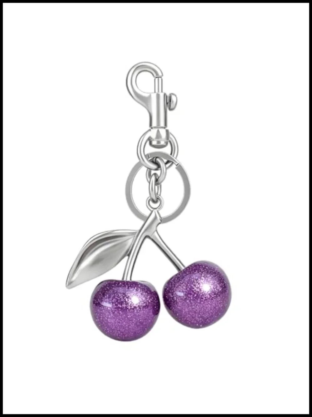 Red Cherry Keychain Bag Charm, Sparkling Glitter Resin with Gold Tone Hardware,